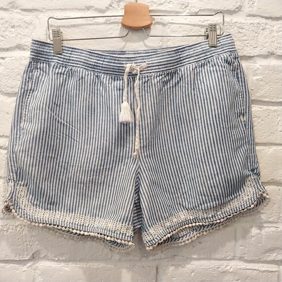 Talbots Linen Blend Shorts Womens Large Blue Stripe Embroidered Drawstring Beach - Picture 1 of 10